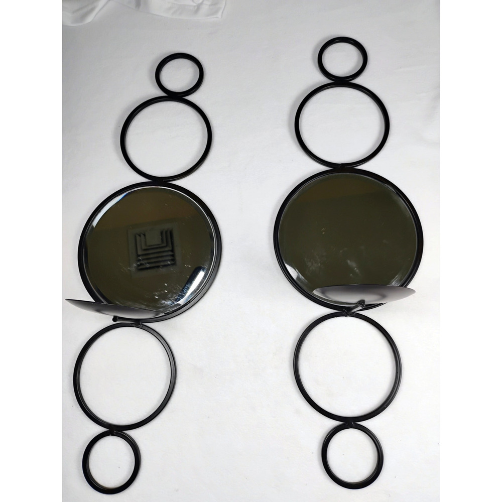 Mid Century Modern Wall Sconces Pair Black Metal Mirror Candle Holders Geometric